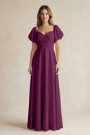 Sweetheart Puff Sleeve A - Line Chiffon Bridesmaid Dress in Fig - KissProm Bridesmaid Dresses