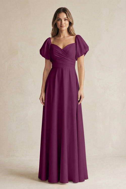 Sweetheart Puff Sleeve A - Line Chiffon Bridesmaid Dress in Fig - KissProm Bridesmaid Dresses