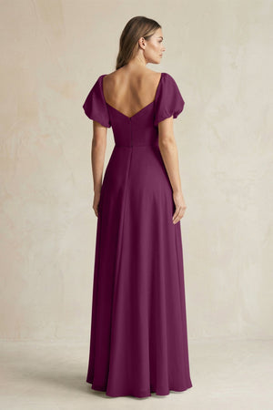 Sweetheart Puff Sleeve A - Line Chiffon Bridesmaid Dress in Fig - KissProm Bridesmaid Dresses