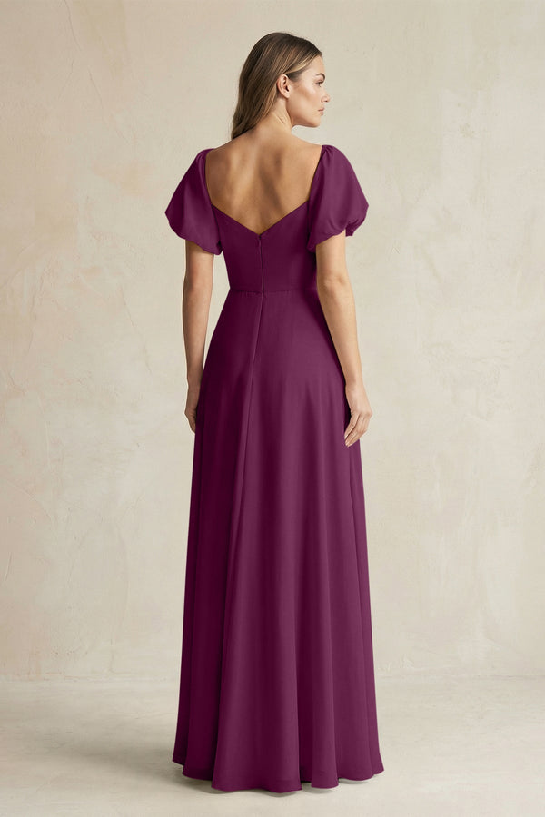 Sweetheart Puff Sleeve A - Line Chiffon Bridesmaid Dress in Fig - KissProm Bridesmaid Dresses
