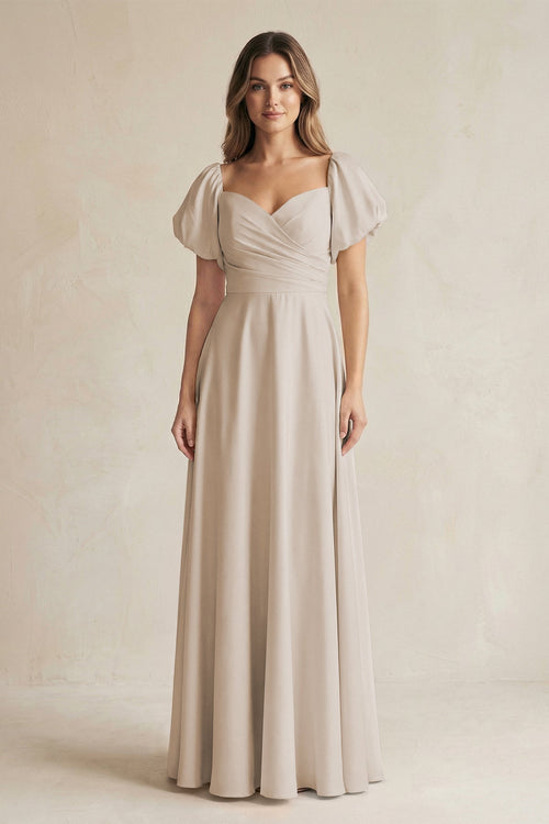 Sweetheart Puff Sleeve A - Line Chiffon Bridesmaid Dress in Frost - KissProm Bridesmaid Dresses