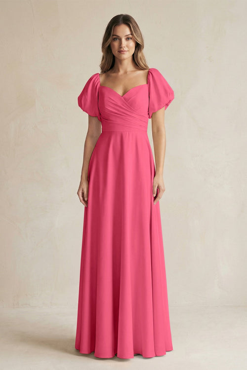 KissProm Sweetheart Puff Sleeve A-Line Chiffon Bridesmaid Dress in Fuchsia, Fuchsia / 20