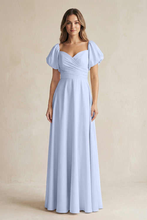 KissProm Sweetheart Puff Sleeve A-Line Chiffon Bridesmaid Dress in Ice, Ice / 12