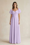 Sweetheart Puff Sleeve A - Line Chiffon Bridesmaid Dress in Lavender - KissProm Bridesmaid Dresses