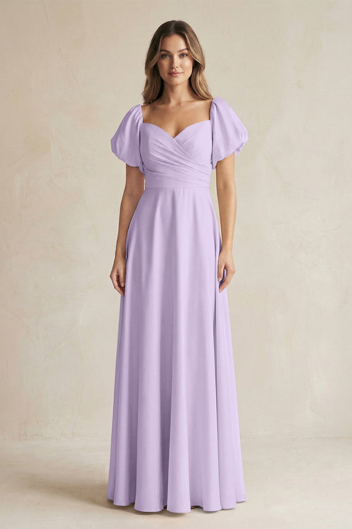 Sweetheart Puff Sleeve A - Line Chiffon Bridesmaid Dress in Lavender - KissProm Bridesmaid Dresses