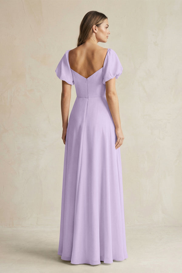 Sweetheart Puff Sleeve A - Line Chiffon Bridesmaid Dress in Lavender - KissProm Bridesmaid Dresses