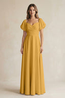 Sweetheart Puff Sleeve A - Line Chiffon Bridesmaid Dress in Marigold - KissProm Bridesmaid Dresses