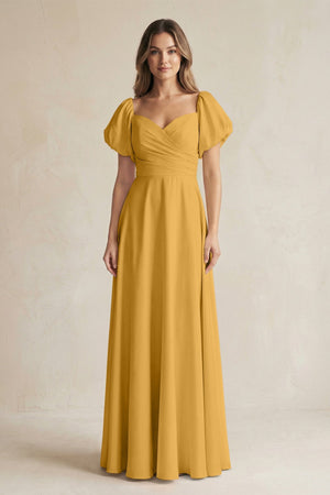 Sweetheart Puff Sleeve A - Line Chiffon Bridesmaid Dress in Marigold - KissProm Bridesmaid Dresses
