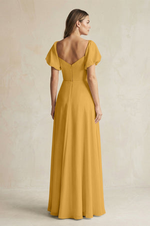 Sweetheart Puff Sleeve A - Line Chiffon Bridesmaid Dress in Marigold - KissProm Bridesmaid Dresses