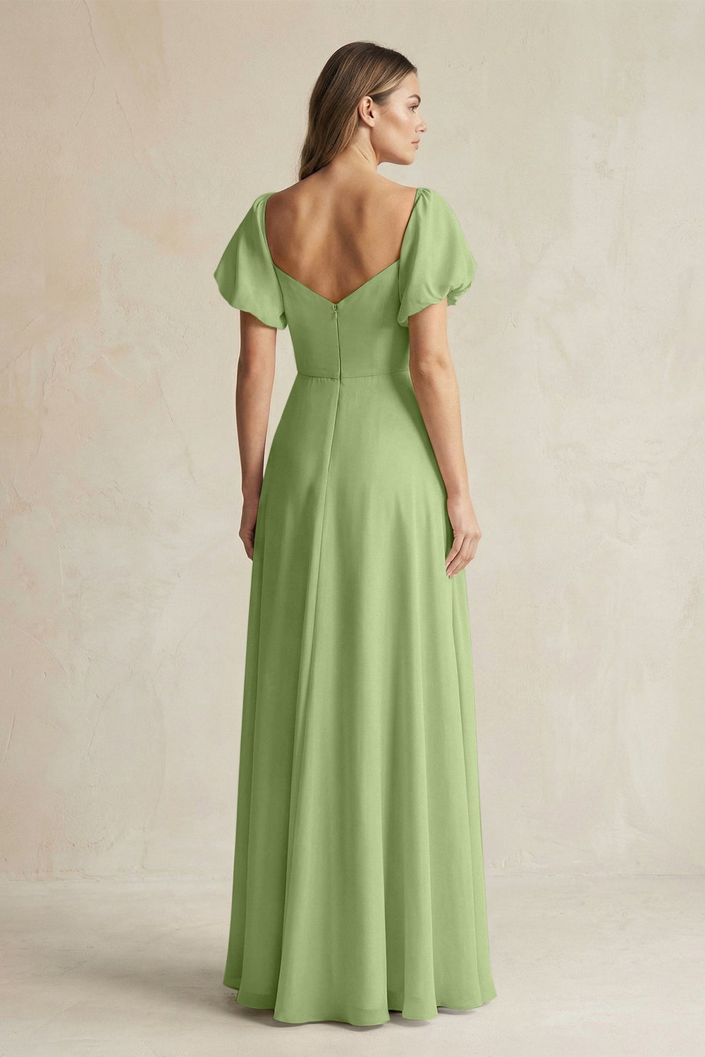 Sweetheart Puff Sleeve A - Line Chiffon Bridesmaid Dress in Matcha - KissProm Bridesmaid Dresses