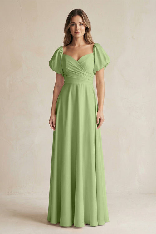 KissProm Sweetheart Puff Sleeve A-Line Chiffon Bridesmaid Dress in Matcha, Matcha / 2
