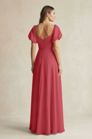 Sweetheart Puff Sleeve A - Line Chiffon Bridesmaid Dress in Merlot - KissProm Bridesmaid Dresses