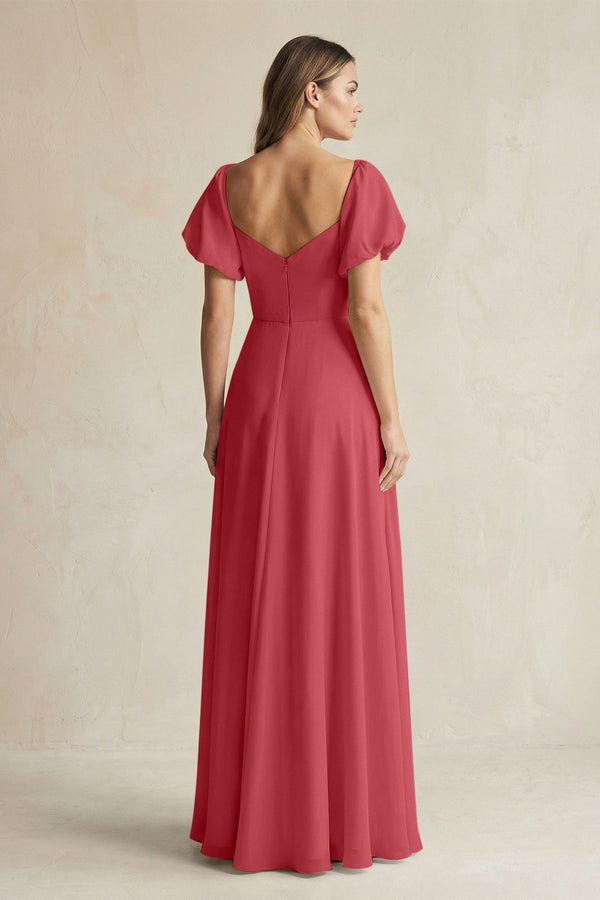 Sweetheart Puff Sleeve A - Line Chiffon Bridesmaid Dress in Merlot - KissProm Bridesmaid Dresses