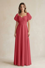 Sweetheart Puff Sleeve A - Line Chiffon Bridesmaid Dress in Merlot - KissProm Bridesmaid Dresses