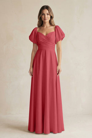 Sweetheart Puff Sleeve A - Line Chiffon Bridesmaid Dress in Merlot - KissProm Bridesmaid Dresses