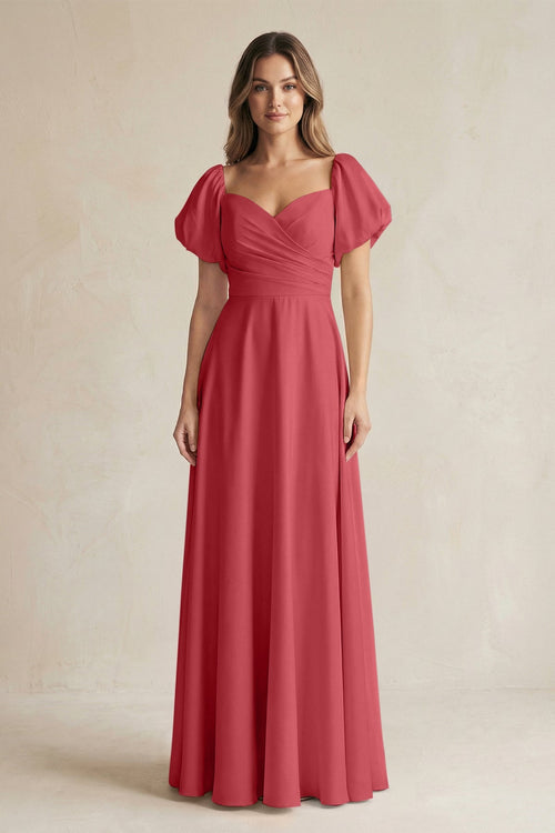 Sweetheart Puff Sleeve A - Line Chiffon Bridesmaid Dress in Merlot - KissProm Bridesmaid Dresses