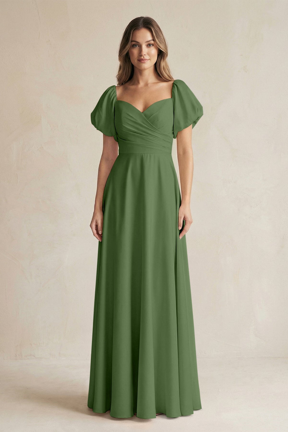 Sweetheart Puff Sleeve A - Line Chiffon Bridesmaid Dress in Moss - KissProm Bridesmaid Dresses