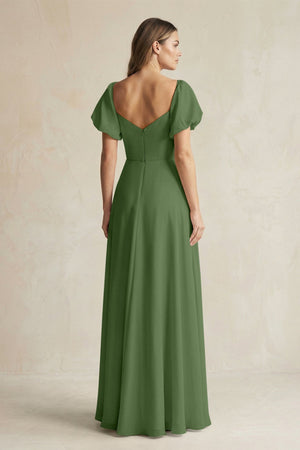 Sweetheart Puff Sleeve A - Line Chiffon Bridesmaid Dress in Moss - KissProm Bridesmaid Dresses