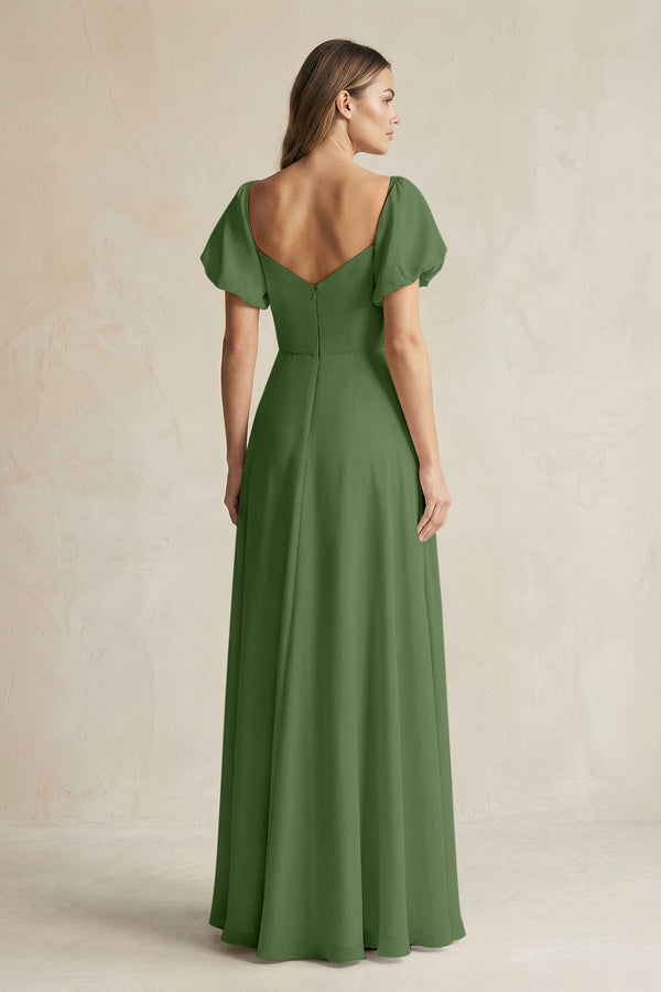 Sweetheart Puff Sleeve A - Line Chiffon Bridesmaid Dress in Moss - KissProm Bridesmaid Dresses