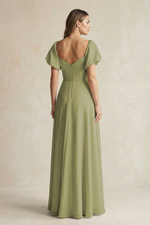 Sweetheart Puff Sleeve A - Line Chiffon Bridesmaid Dress in Moss Green - KissProm Bridesmaid Dresses