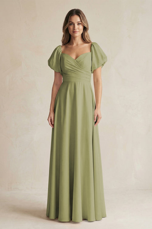 Sweetheart Puff Sleeve A - Line Chiffon Bridesmaid Dress in Moss Green - KissProm Bridesmaid Dresses