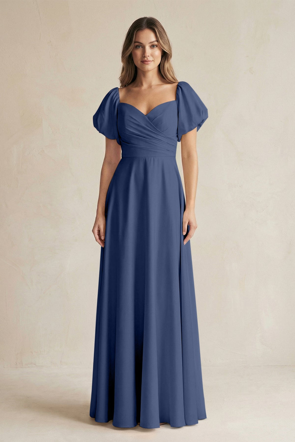 Sweetheart Puff Sleeve A - Line Chiffon Bridesmaid Dress in Navy - KissProm Bridesmaid Dresses
