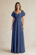 Sweetheart Puff Sleeve A - Line Chiffon Bridesmaid Dress in Navy - KissProm Bridesmaid Dresses