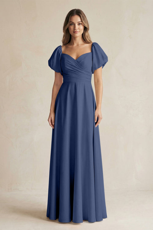 Sweetheart Puff Sleeve A - Line Chiffon Bridesmaid Dress in Navy - KissProm Bridesmaid Dresses
