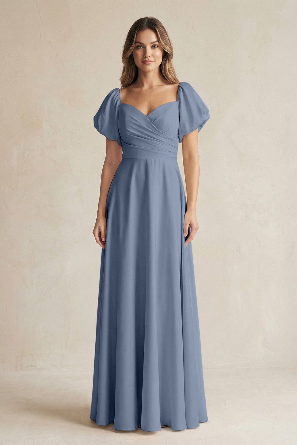 Sweetheart Puff Sleeve A - Line Chiffon Bridesmaid Dress in Neptune - KissProm Bridesmaid Dresses