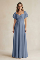 Sweetheart Puff Sleeve A - Line Chiffon Bridesmaid Dress in Neptune - KissProm Bridesmaid Dresses