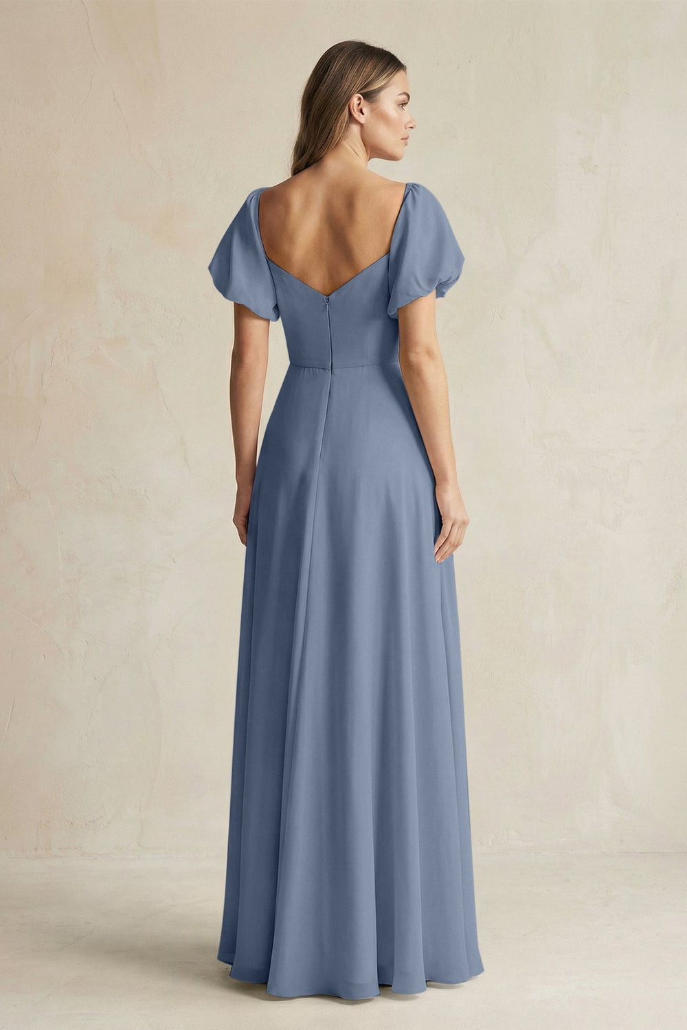 Sweetheart Puff Sleeve A - Line Chiffon Bridesmaid Dress in Neptune - KissProm Bridesmaid Dresses