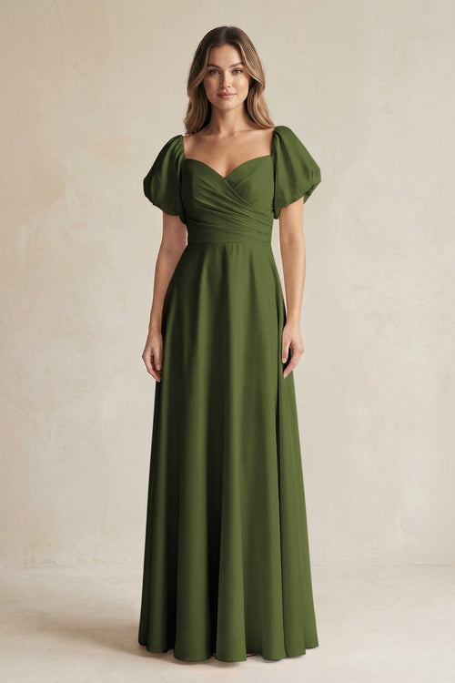 KissProm Sweetheart Puff Sleeve A-Line Chiffon Bridesmaid Dress in Olive, Olive / 8