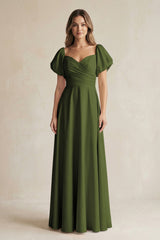 Sweetheart Puff Sleeve A - Line Chiffon Bridesmaid Dress in Olive - KissProm Bridesmaid Dresses