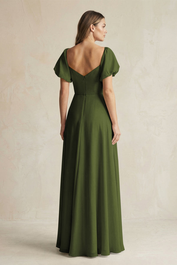 KissProm Sweetheart Puff Sleeve A-Line Chiffon Bridesmaid Dress in Olive, Olive / 8