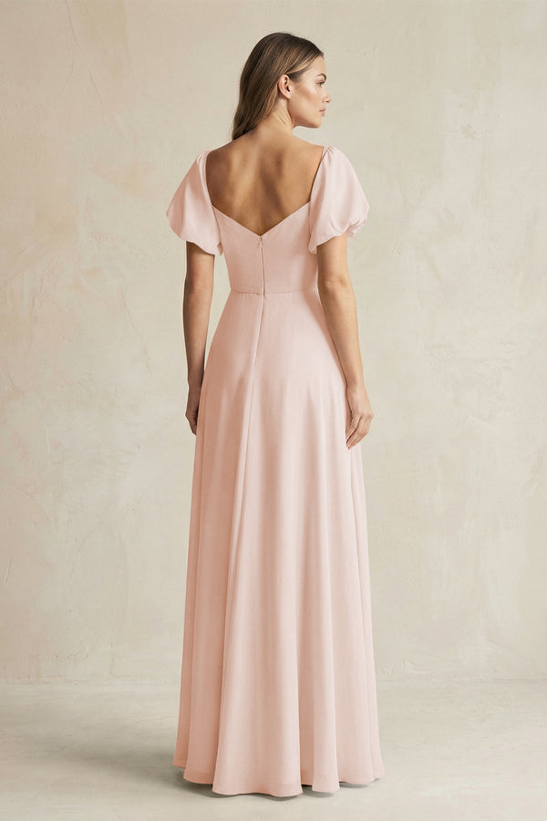 Sweetheart Puff Sleeve A - Line Chiffon Bridesmaid Dress in Pale Blush - KissProm Bridesmaid Dresses