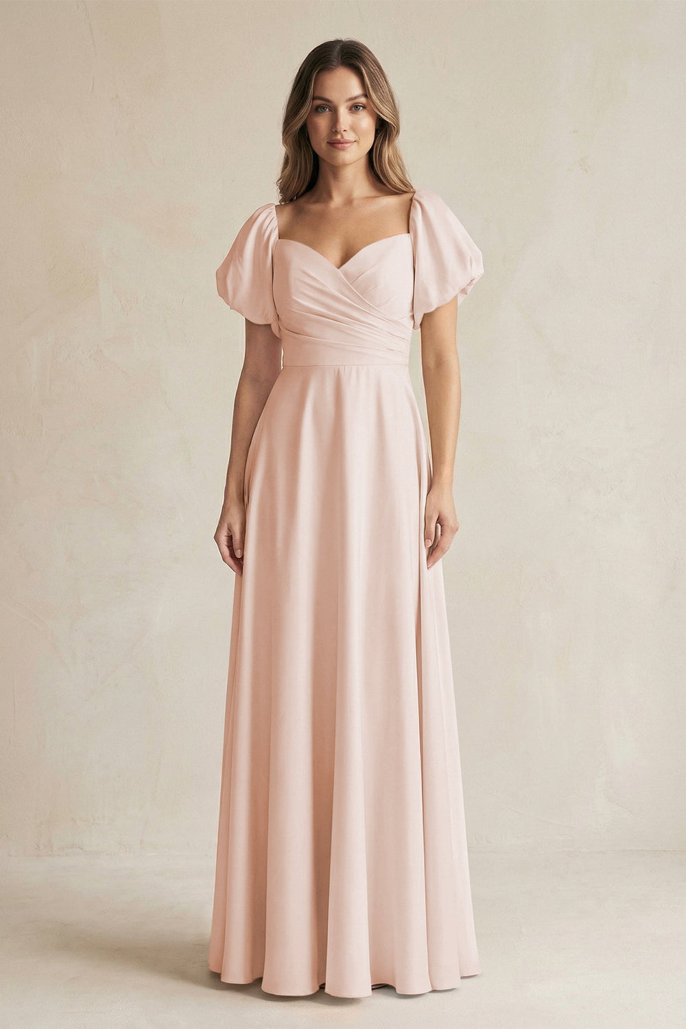 Sweetheart Puff Sleeve A - Line Chiffon Bridesmaid Dress in Pale Blush - KissProm Bridesmaid Dresses