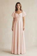 Sweetheart Puff Sleeve A - Line Chiffon Bridesmaid Dress in Pale Blush - KissProm Bridesmaid Dresses