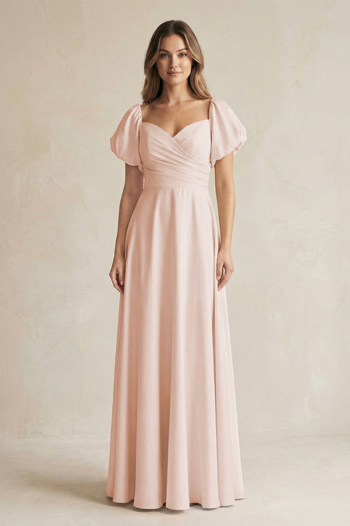 Sweetheart Puff Sleeve A - Line Chiffon Bridesmaid Dress in Pale Blush - KissProm Bridesmaid Dresses