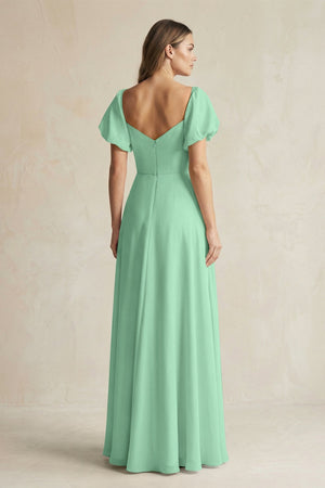 Sweetheart Puff Sleeve A - Line Chiffon Bridesmaid Dress in Pale Pistachio - KissProm Bridesmaid Dresses