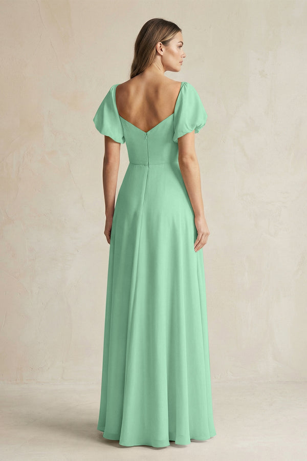 Sweetheart Puff Sleeve A - Line Chiffon Bridesmaid Dress in Pale Pistachio - KissProm Bridesmaid Dresses