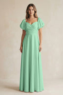 Sweetheart Puff Sleeve A - Line Chiffon Bridesmaid Dress in Pale Pistachio - KissProm Bridesmaid Dresses