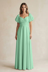 Sweetheart Puff Sleeve A - Line Chiffon Bridesmaid Dress in Pale Pistachio - KissProm Bridesmaid Dresses