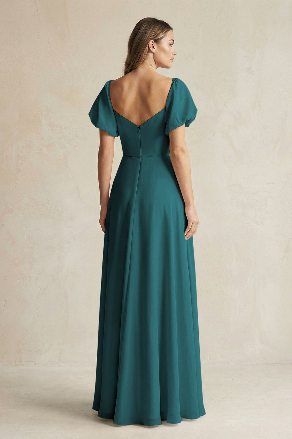 Sweetheart Puff Sleeve A - Line Chiffon Bridesmaid Dress in Pine - KissProm Bridesmaid Dresses