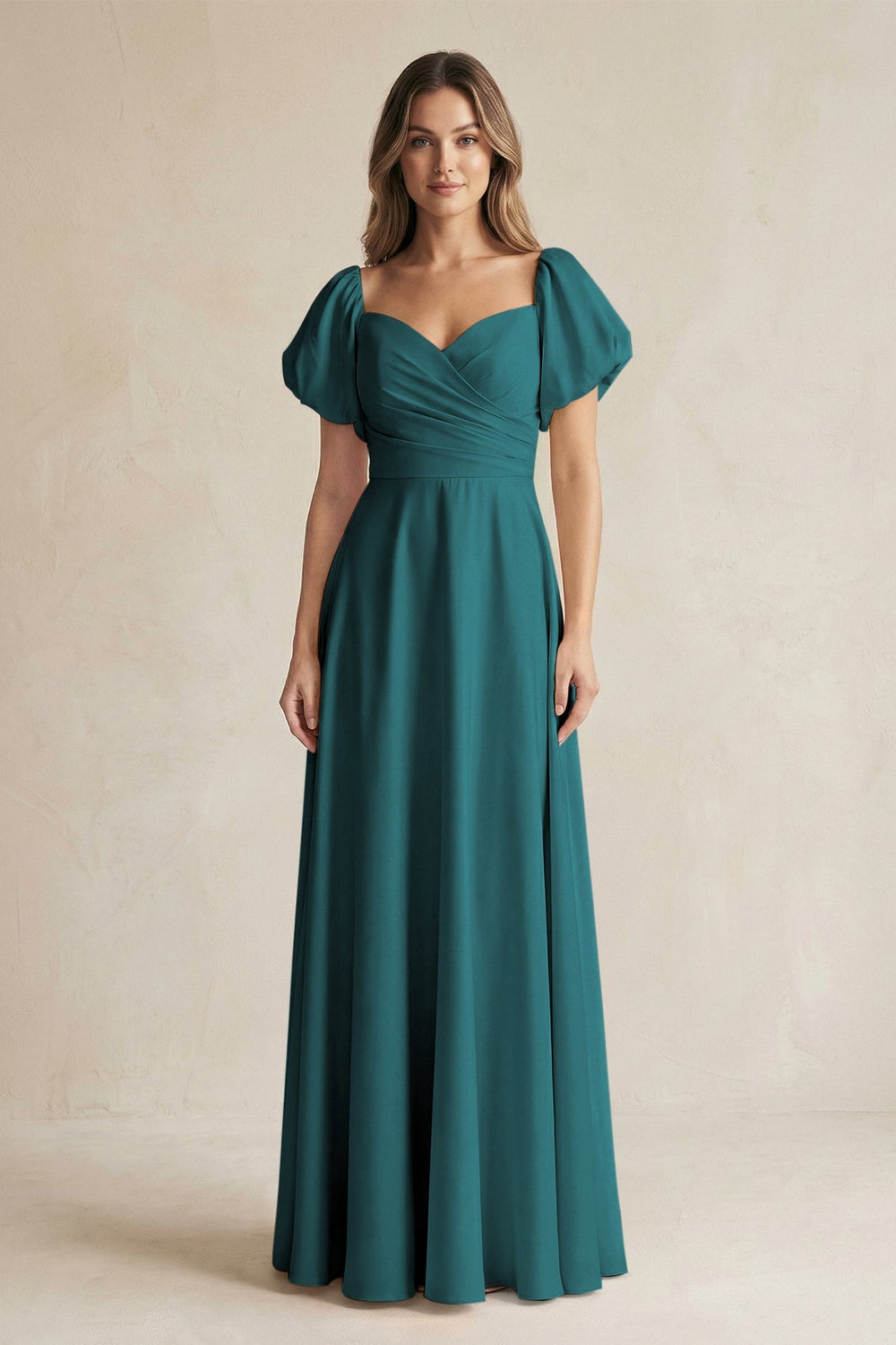Sweetheart Puff Sleeve A - Line Chiffon Bridesmaid Dress in Pine - KissProm Bridesmaid Dresses