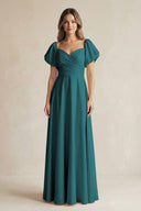 Sweetheart Puff Sleeve A - Line Chiffon Bridesmaid Dress in Pine - KissProm Bridesmaid Dresses