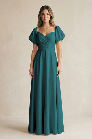 Sweetheart Puff Sleeve A - Line Chiffon Bridesmaid Dress in Pine - KissProm Bridesmaid Dresses