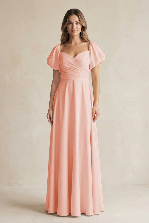 Sweetheart Puff Sleeve A - Line Chiffon Bridesmaid Dress in Rose Petal - KissProm Bridesmaid Dresses