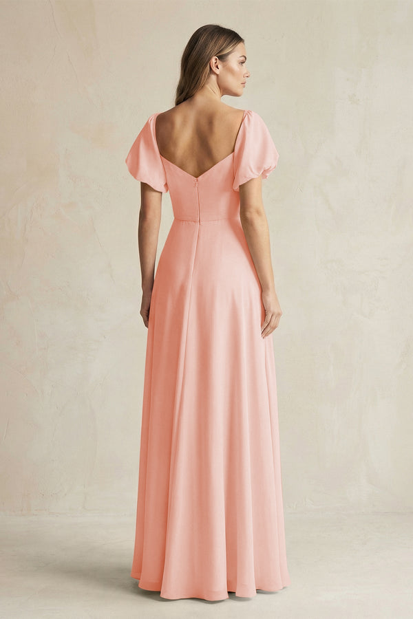 Sweetheart Puff Sleeve A - Line Chiffon Bridesmaid Dress in Rose Petal - KissProm Bridesmaid Dresses
