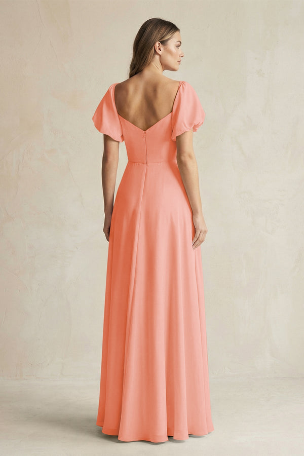 Sweetheart Puff Sleeve A - Line Chiffon Bridesmaid Dress in Rosette - KissProm Bridesmaid Dresses