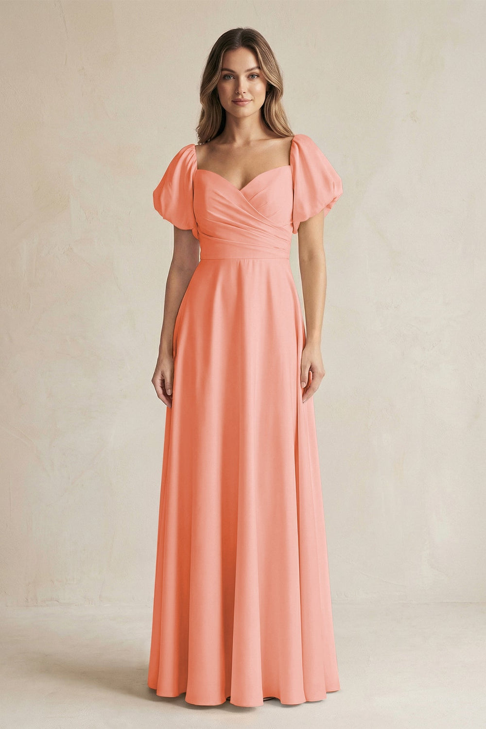 Sweetheart Puff Sleeve A - Line Chiffon Bridesmaid Dress in Rosette - KissProm Bridesmaid Dresses
